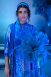 Mandira Wirk - Indian_Blue Chanderi Embroidery Mandarin Collar Indigo Kurta Pant Set _Online_at_Aza_Fashions