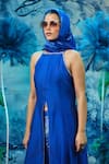Mandira Wirk - Indian_Blue Chanderi Halter Neck Indigo Kurta Set _Online_at_Aza_Fashions