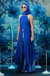 Mandira Wirk - Indian_Blue Chanderi Halter Neck Indigo Kurta Set _at_Aza_Fashions