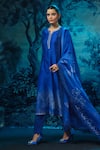 Shop_Mandira Wirk - Indian_Blue Chanderi Embroidery Round Neck Indigo Kurta Pant Dupatta Set _Online_at_Aza_Fashions