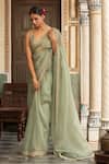 Shop_Neha Khullar_Green Shantoon Zari, Embroidery V-neck Designer Organza Saree Set _Online_at_Aza_Fashions
