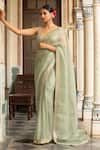 Buy_Neha Khullar_Green Shantoon Zari, Embroidery V-neck Designer Organza Saree Set _at_Aza_Fashions