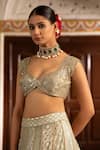 Shop_Neha Khullar_Green Organza Mirrors, Zari Plunge Neck Zardozi Lehenga Set _Online_at_Aza_Fashions