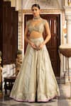 Neha Khullar_Green Organza Mirrors, Zari Plunge Neck Zardozi Lehenga Set _at_Aza_Fashions