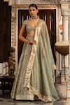 Buy_Neha Khullar_Green Organza Mirrors, Zari Plunge Neck Zardozi Lehenga Set _at_Aza_Fashions