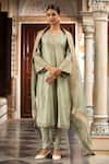 Shop_Neha Khullar_Green Organza Mirrors, Zari V-neck Silk Chanderi Kurta Set 