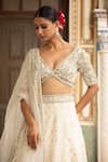 Neha Khullar_Ivory Silk Mirrors, Zari V-neck Zardozi Work Lehenga Set _Online_at_Aza_Fashions