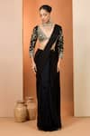Buy_Neha Khullar_Black Zari, Embroidery, Mirrors V-neck Zardozi Pre-draped Saree With Blouse _at_Aza_Fashions