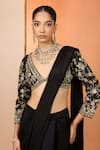 Neha Khullar_Black Zari, Embroidery, Mirrors V-neck Zardozi Pre-draped Saree With Blouse _Online_at_Aza_Fashions