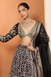 Neha Khullar_Black Organza Mirrors, Zari V-neck Zardozi Lehenga Set _Online_at_Aza_Fashions