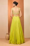 Neha Khullar_Yellow Organza Mirrors, Zari Plunge Neck Olive Banarasi Chanderi Lehenga Set _Online_at_Aza_Fashions