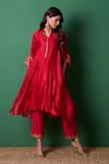 Priti Prashant_Red Silk Embroidery Split V-neck Radiance Kurta And Pant Co-ord Set _Online_at_Aza_Fashions