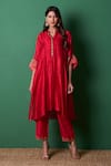 Buy_Priti Prashant_Red Silk Embroidery Split V-neck Radiance Kurta And Pant Co-ord Set _at_Aza_Fashions