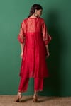 Shop_Priti Prashant_Red Silk Embroidery Split V-neck Radiance Kurta And Pant Co-ord Set _at_Aza_Fashions
