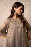Priti Prashant_Gray Tissue, Crepe Embroidery Round Neck Zing Grey Kurta Set _at_Aza_Fashions