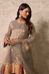 Priti Prashant_Gray Tissue, Crepe, Organza Embroidery Round Zing Grey Kurta Set With Dupatta _Online_at_Aza_Fashions