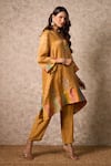 Priti Prashant_Yellow Tissue, Crepe Embroidery Round Neck Zing Ochre Kurta Set _at_Aza_Fashions