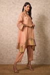 Priti Prashant_Peach Tissue, Crepe Embroidery Round Neck Zing Kurta Set _at_Aza_Fashions