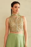 Saisha_Aqua Silk, Chiffon, Organza Sequins, Embroidery Round Neck Green Blouse Set _Online_at_Aza_Fashions