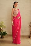 Shop_Saisha_Pink Georgette, Silk Beads, Sequins Round Neck Hot Pre-draped Saree Set _at_Aza_Fashions