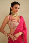 Saisha_Pink Georgette, Silk Beads, Sequins Round Neck Hot Pre-draped Saree Set _Online_at_Aza_Fashions