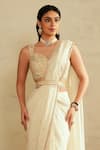 Saisha_Ivory Georgette, Silk Beads Scoop Neck Raw Pre-draped Saree Set _Online_at_Aza_Fashions