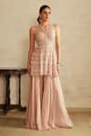 Buy_Saisha_Pink Organza, Chiffon Tassels, Embroidery Halter Salmon Kurta And Sharara Set _at_Aza_Fashions