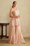 Buy_Saisha_Pink Organza, Chiffon Tassels, Embroidery Halter Salmon Kurta And Sharara Set _Online_at_Aza_Fashions