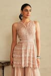 Saisha_Pink Organza, Chiffon Tassels, Embroidery Halter Salmon Kurta And Sharara Set _at_Aza_Fashions