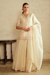 Buy_Saisha_Ivory Georgette, , Organza, Chanderi Embroidery V-neck Kurta Set _Online_at_Aza_Fashions