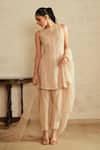 Buy_Saisha_Beige Silk, Organza Sequins Round Neck Gold Kurta Set _at_Aza_Fashions
