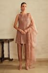 Buy_Saisha_Brown Silk, Organza Sequins, Embroidery Round Neck Embellished Kurta Set _at_Aza_Fashions