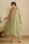 Shop_Saisha_Green Organza, Cotton Embroidery Round Neck Sea Kaftan Set _at_Aza_Fashions
