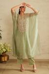 Shop_Saisha_Green Organza, Cotton Embroidery Round Neck Sea Kaftan Set _Online_at_Aza_Fashions
