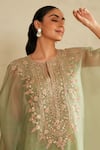 Saisha_Green Organza, Cotton Embroidery Round Neck Sea Kaftan Set _at_Aza_Fashions