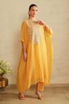 Buy_Saisha_Yellow Organza, Cotton Embroidery Round Neck Kaftan Set _Online_at_Aza_Fashions