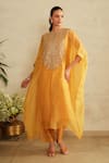 Buy_Saisha_Yellow Organza, Cotton Embroidery Round Neck Kaftan Set _at_Aza_Fashions