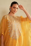 Saisha_Yellow Organza, Cotton Embroidery Round Neck Kaftan Set _at_Aza_Fashions