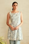 Saisha_Sky Blue Organza, Chanderi Silk Embroidery Round Neck Floral Kurta Set _Online_at_Aza_Fashions