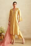 Buy_Saisha_Mustard Chanderi Silk, Chanderi, Silk, Organza Embroidery Green Kurta Set _at_Aza_Fashions