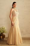 Saisha_Beige Organza, Georgette Beads, Gold Pre-draped Lehenga Saree With Blouse _Online_at_Aza_Fashions