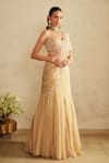 Buy_Saisha_Beige Organza, Georgette Beads, Gold Pre-draped Lehenga Saree With Blouse _Online_at_Aza_Fashions
