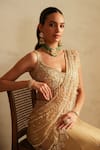 Saisha_Beige Organza, Georgette Beads, Gold Pre-draped Lehenga Saree With Blouse _at_Aza_Fashions
