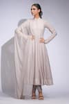 Buy_Shruti S_Beige Cotton, Georgette Embroidery Mandarin Collar Thread Work Anarkali Set _at_Aza_Fashions