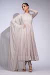 Shruti S_Beige Cotton, Georgette Embroidery Mandarin Collar Thread Work Anarkali Set _Online_at_Aza_Fashions