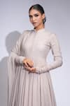 Shruti S_Beige Cotton, Georgette Embroidery Mandarin Collar Thread Work Anarkali Set _at_Aza_Fashions