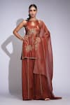 Buy_Shruti S_Orange Modal, Satin Embroidery, Zari, Sequins Keyhole Hand-embroidered Kurta Set _Online_at_Aza_Fashions