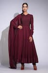 Buy_Shruti S_Wine Cotton, Georgette Embroidery V-neck Thread Work Anarkali Set _at_Aza_Fashions