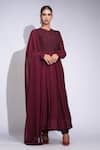 Buy_Shruti S_Wine Cotton, Georgette Embroidery V-neck Thread Work Anarkali Set _Online_at_Aza_Fashions
