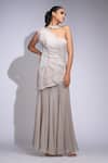 Buy_Shruti S_Beige Satin, Organza, Georgette Sequins, Beads Asymmetric Tunic Skirt Set _at_Aza_Fashions
